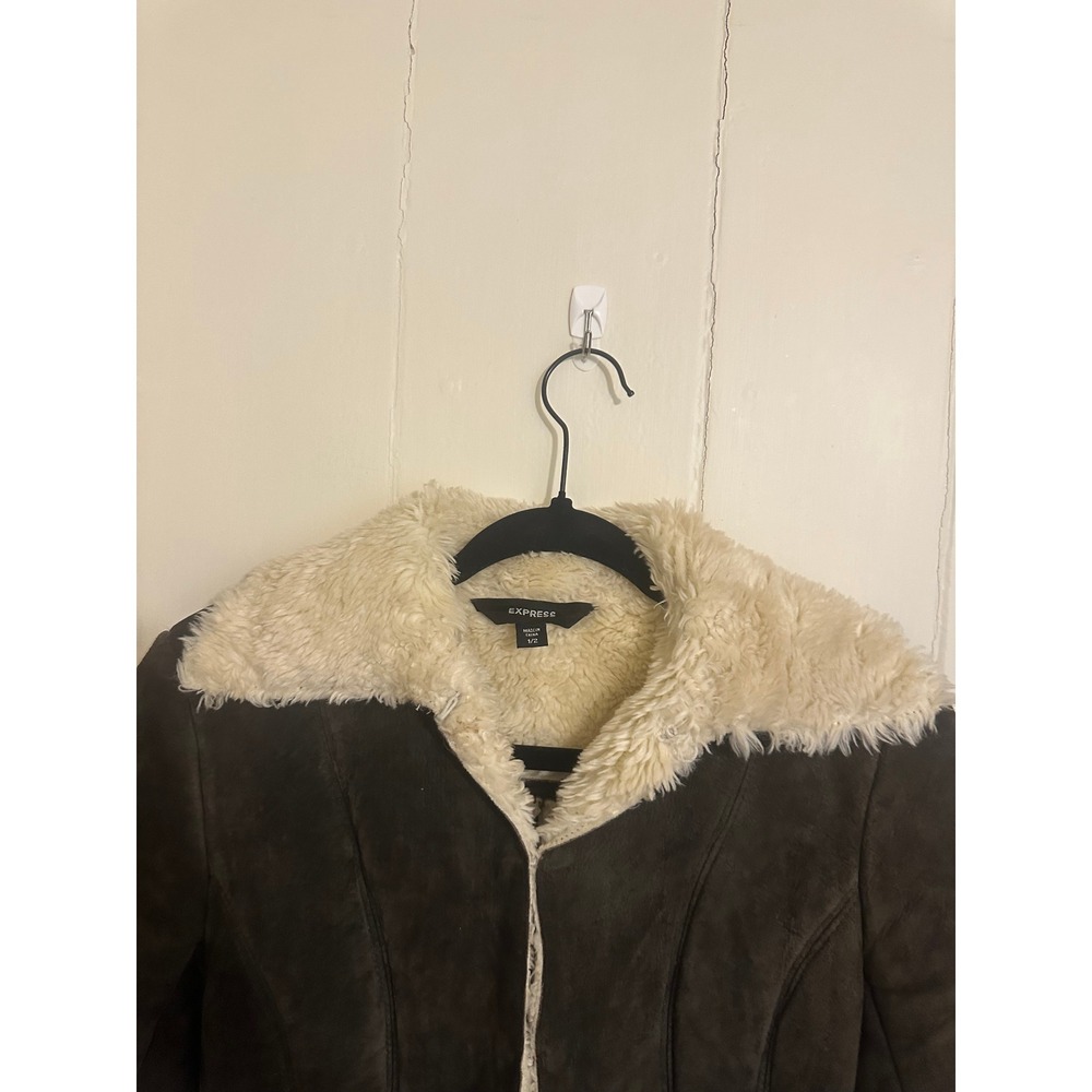 Vintage y2k 90s Express Brown Suede Leather Faux Fur Shearling Jacket Size 1/2 - Picture 5 of 6